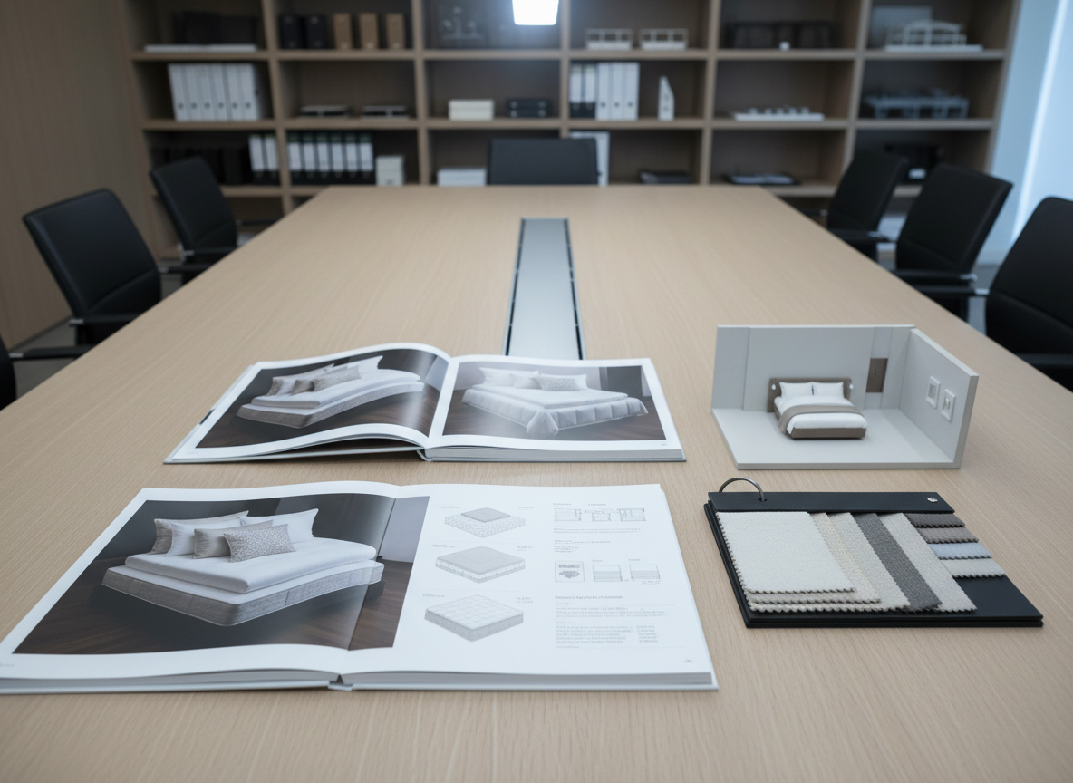 A refined boardroom setting with a large, pale oak conference table, centered on a single contract bedding proposal spread: a thick, perfectly bound presentation book open to a page featuring a full-spread photograph of a layered sleep system, accompanied by clean diagrams and specifications. Beside it lies a neatly stacked set of fabric swatch cards on a dark metal ring and a compact, scaled 3D model of a hotel room showcasing bed placement. Soft, cool-white ceiling lighting illuminates the tabletop evenly, with subtle reflections in the wood grain. Background elements, such as blurred shelving with more sample binders, are tastefully out of focus. Photographic realism, elevated angle, creating a quiet, sophisticated mood that communicates thoughtful planning for large-scale sleep system procurement.